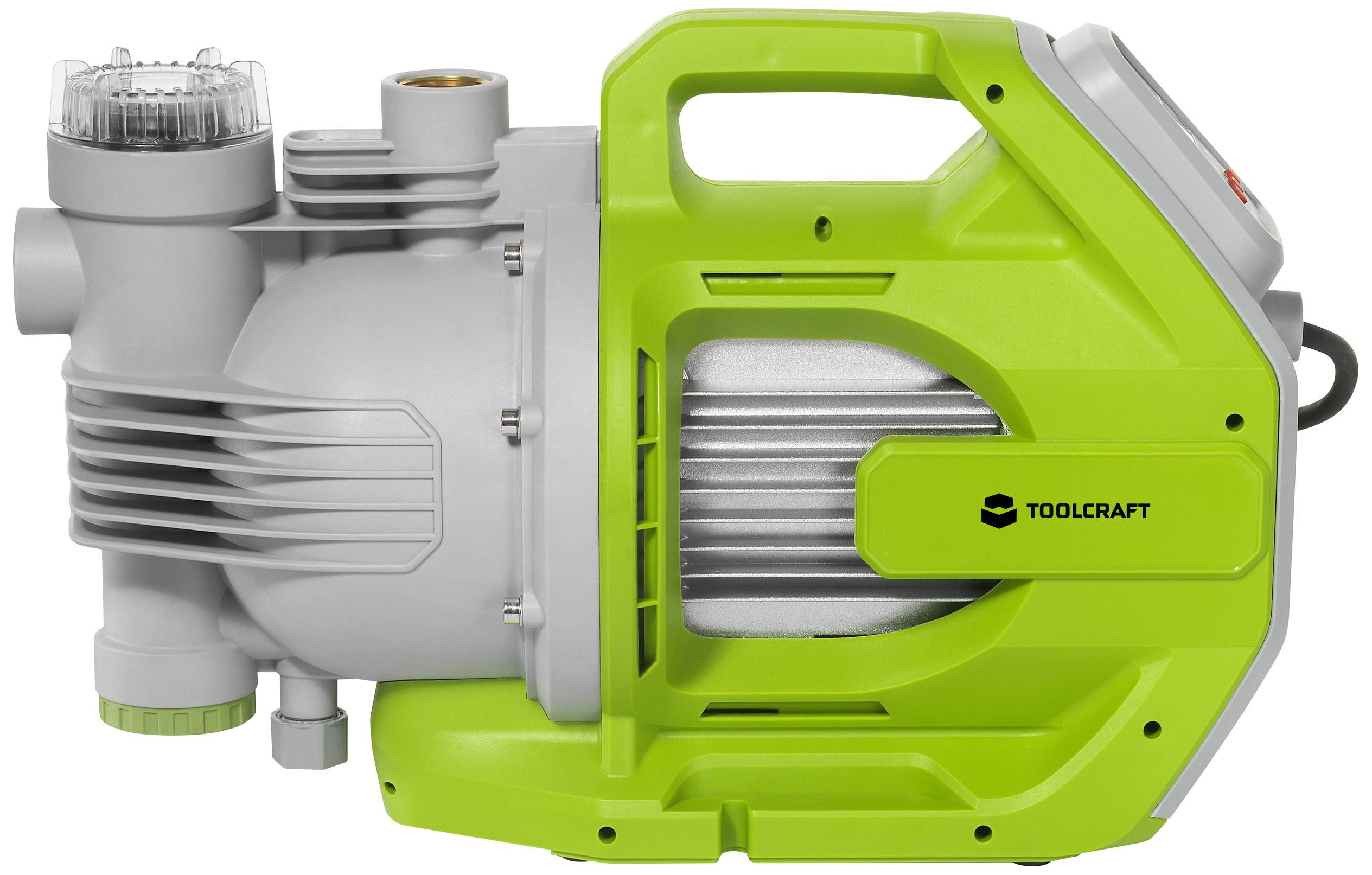 Zielona pompa wodna z szarymi akcentami, ujęcie z boku. Nazwa marki 'Toolcraft' widoczna na obudowie.