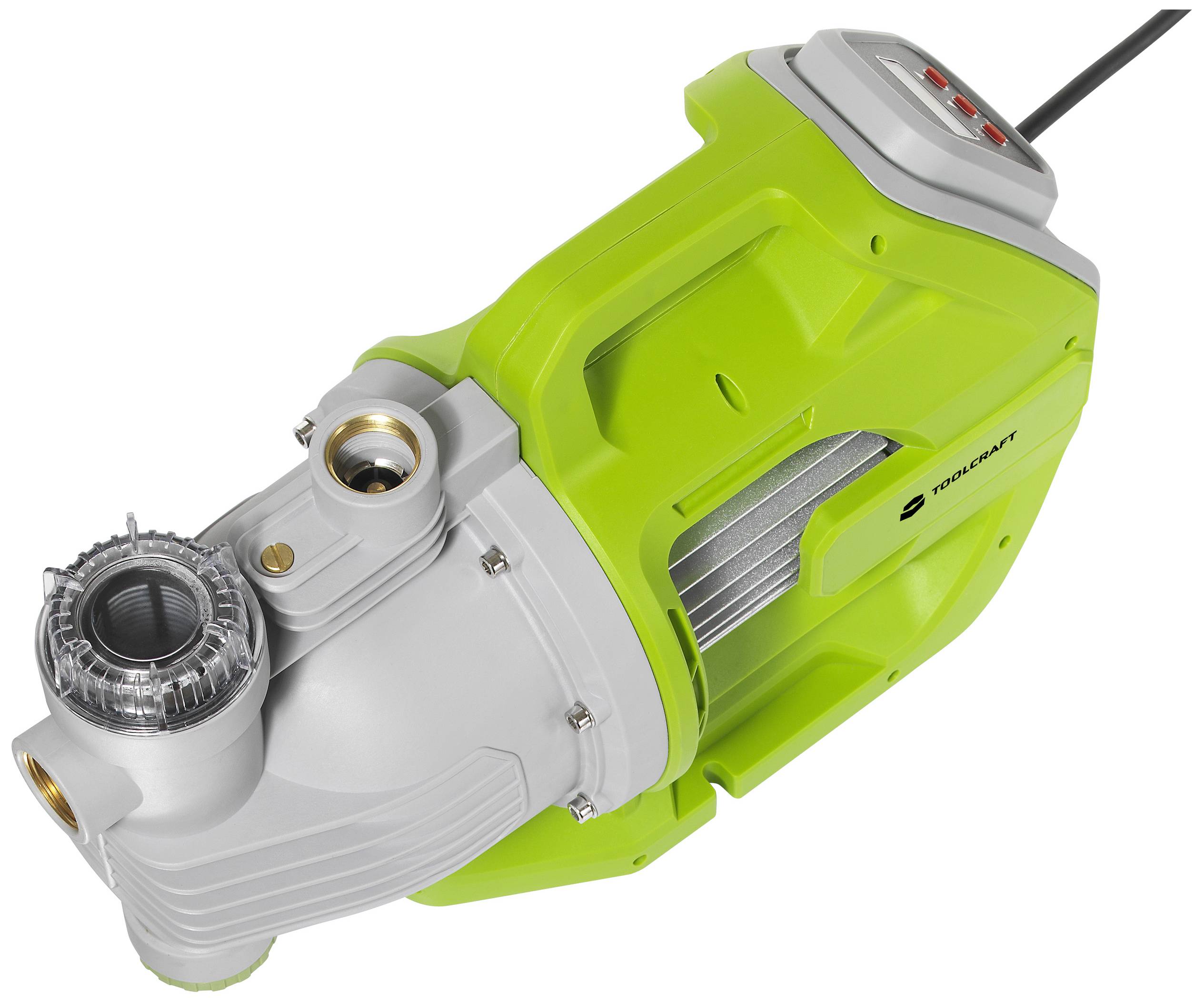 Zielona pompa wodna z szarymi detalami i przyciskami kontrolnymi na górnej powierzchni.