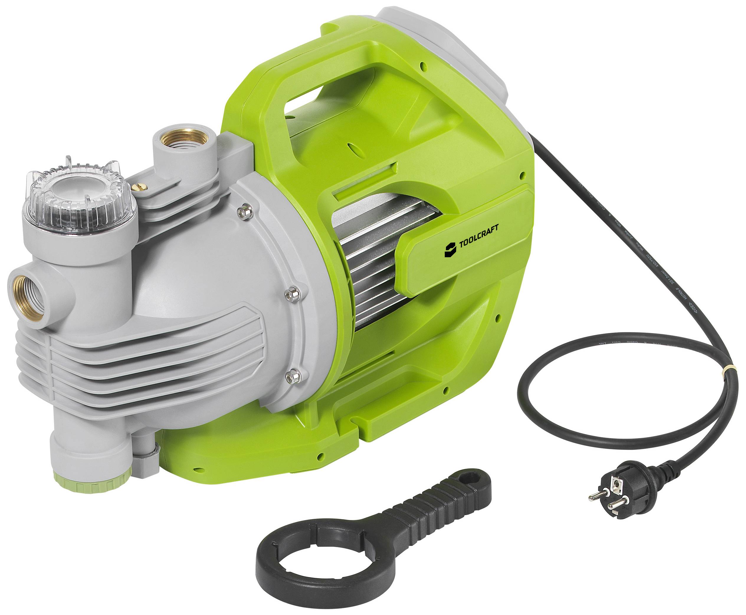 Pompa ogrodowa w kolorze zielonym i szarym z przewodem i kluczem wtykowym. Używana do pompowania wody w obszarze ogrodu.