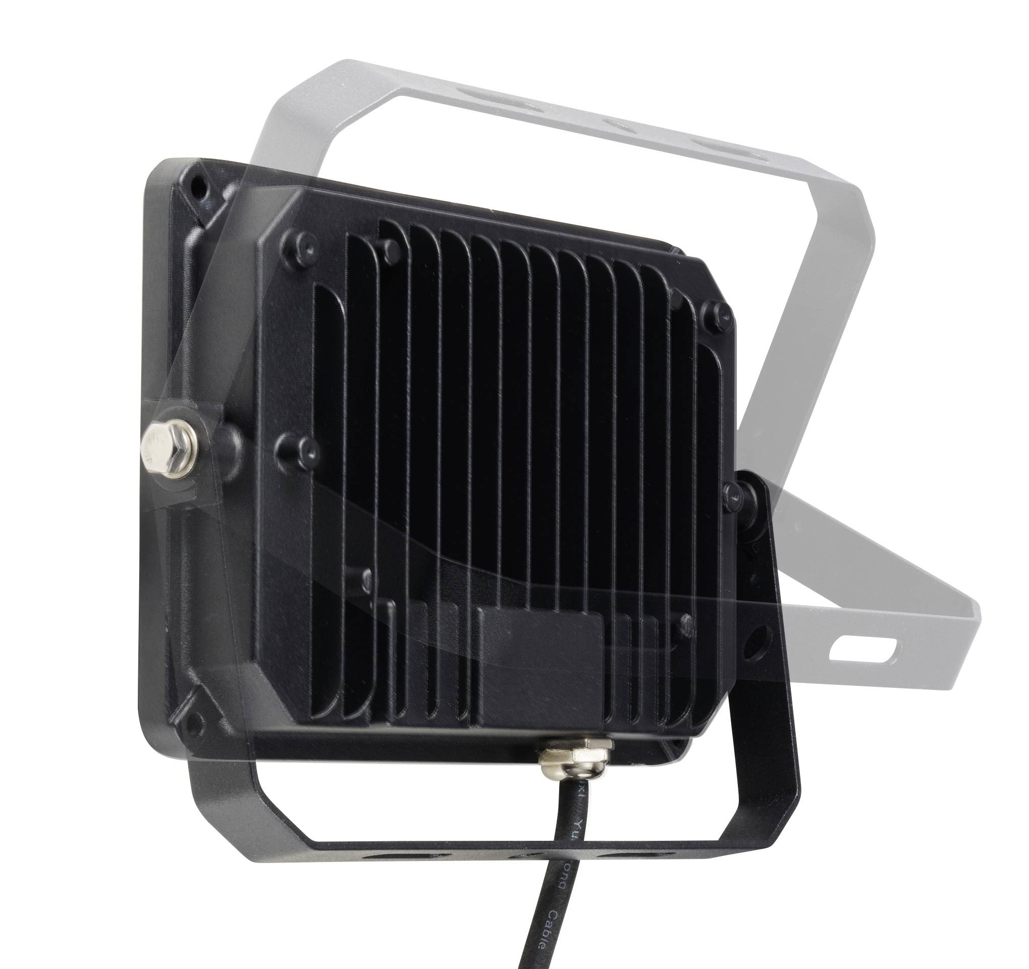 Czarny prostokątny reflektor LED z żeberkami chłodzącymi i przewodem, zamontowany na uchwycie. Odpowiedni do oświetlenia zewnętrznego.