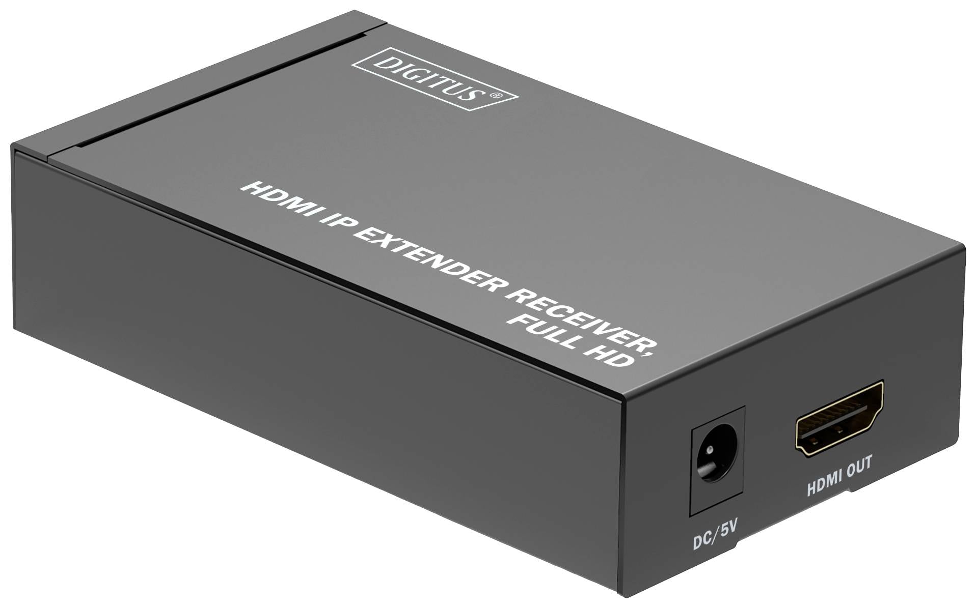 Odbiornik Przedłużacza HDMI IP marki DIGITUS, czarna obudowa, złącza: DC/5V oraz wyjście HDMI, obsługujący Full HD.