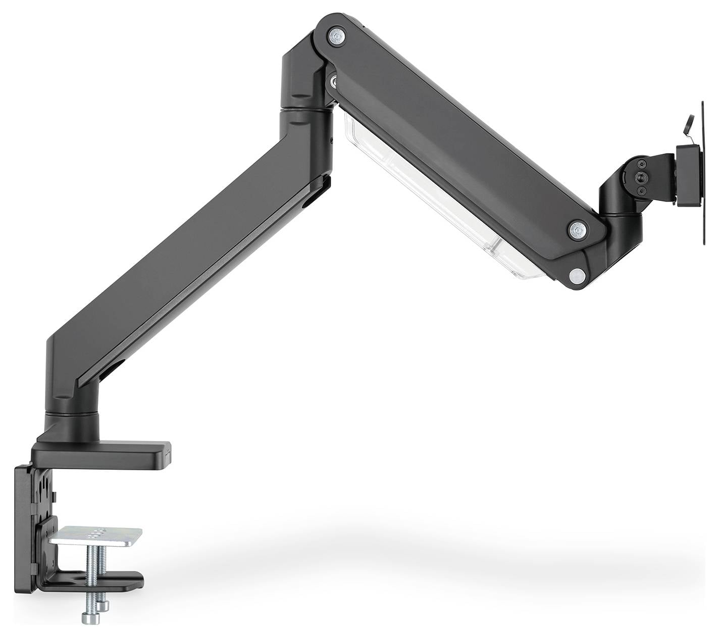 Czarny, regulowany uchwyt monitora z metalu z zaciskiem do biurka, przeznaczony do zamocowania ekranu na pulpicie.