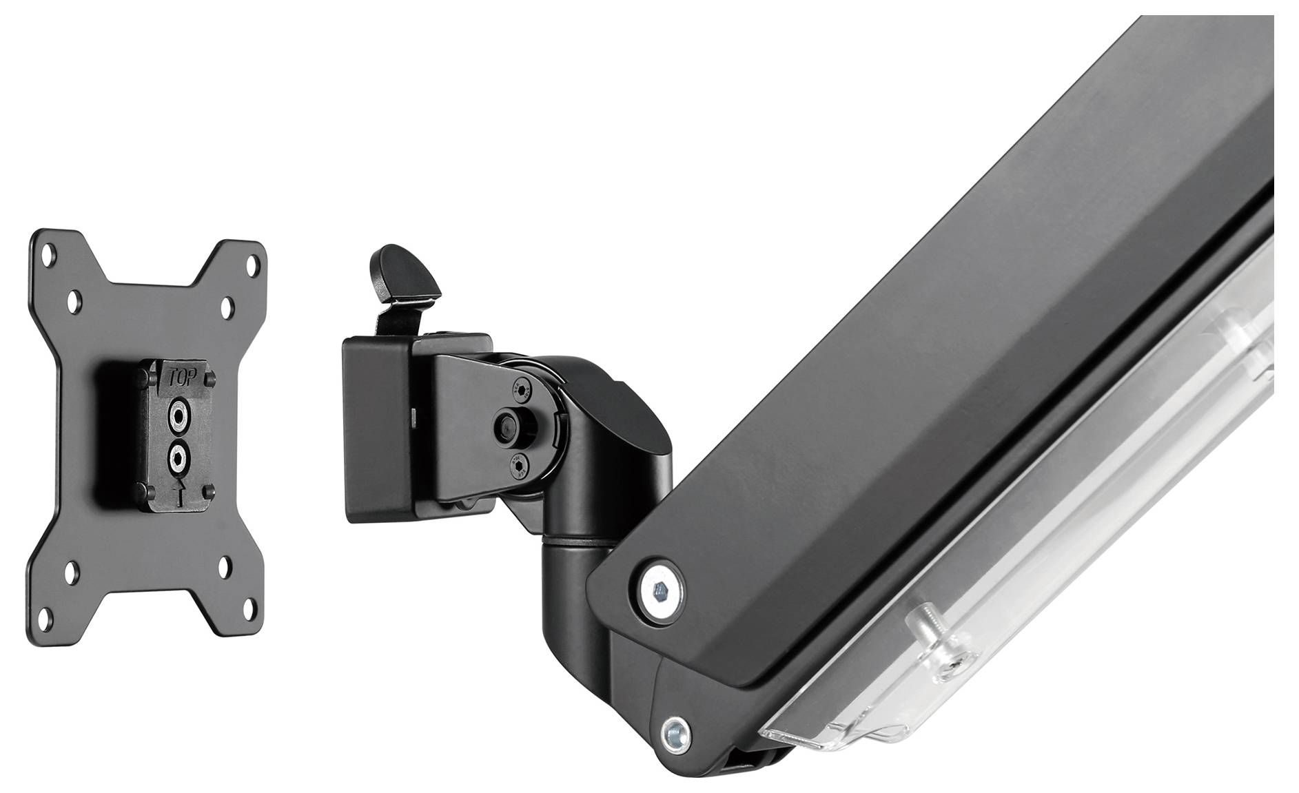 Obraz czarnego uchwytu ściennego do monitorów lub ekranów z adapterem zgodnym ze standardem VESA oraz obrotowym ramieniem.