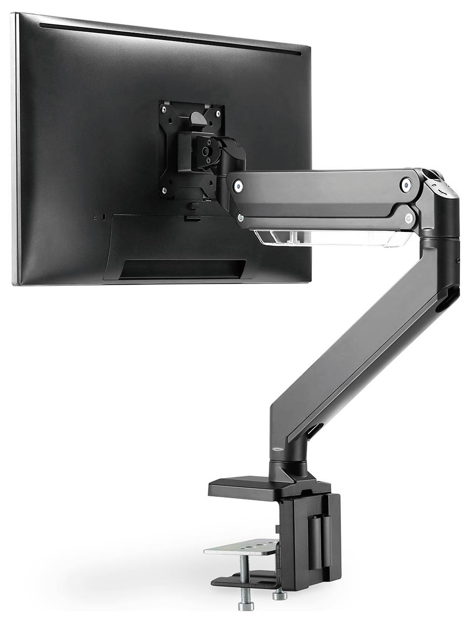 Czarny ekran zamontowany na regulowanym ramieniu biurkowym. Ramię umożliwia elastyczne ustawienie pozycji ekranu.