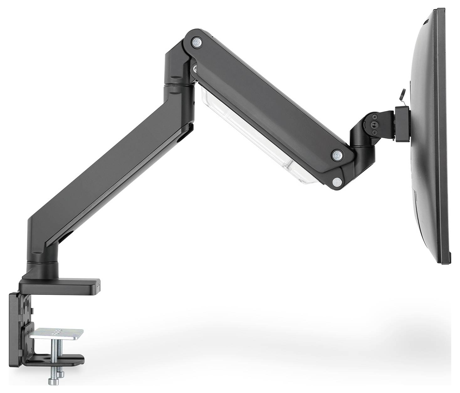 Obrotowe ramię monitora, przedstawione z boku, z zaciskiem do mocowania na stole. Nadaje się do elastycznego ustawiania pozycji ekranu.