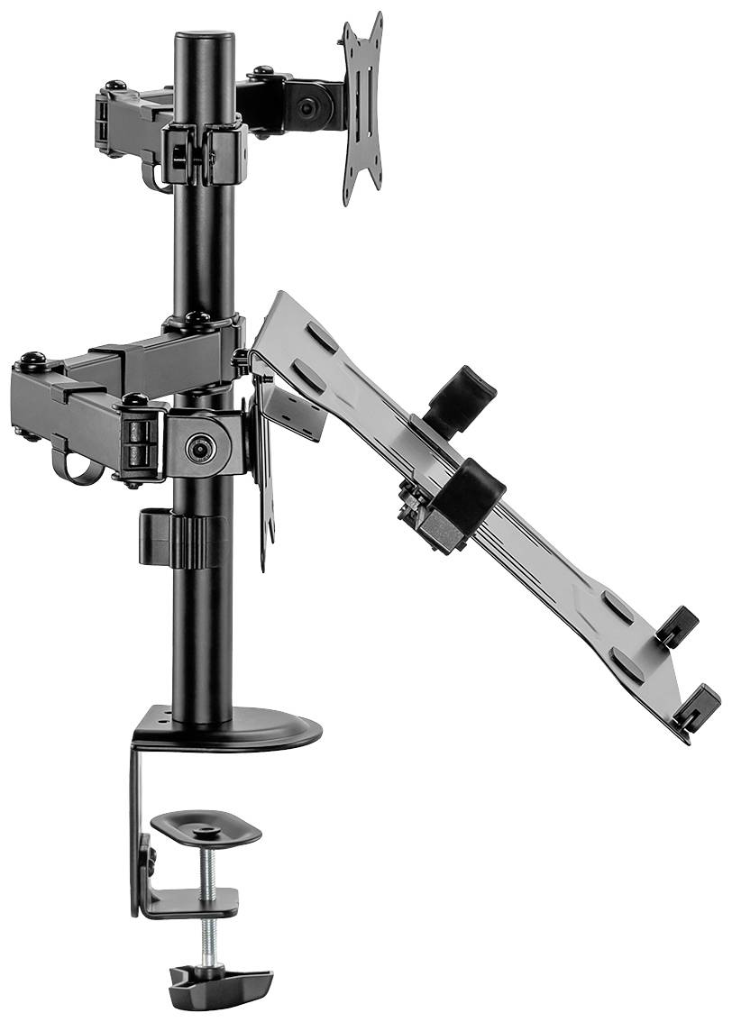 Stojak na monitor z zaciskiem montażowym, z dwoma uchwytami: górnym na monitor i dolnym na laptopa. Elastyczny i regulowany.