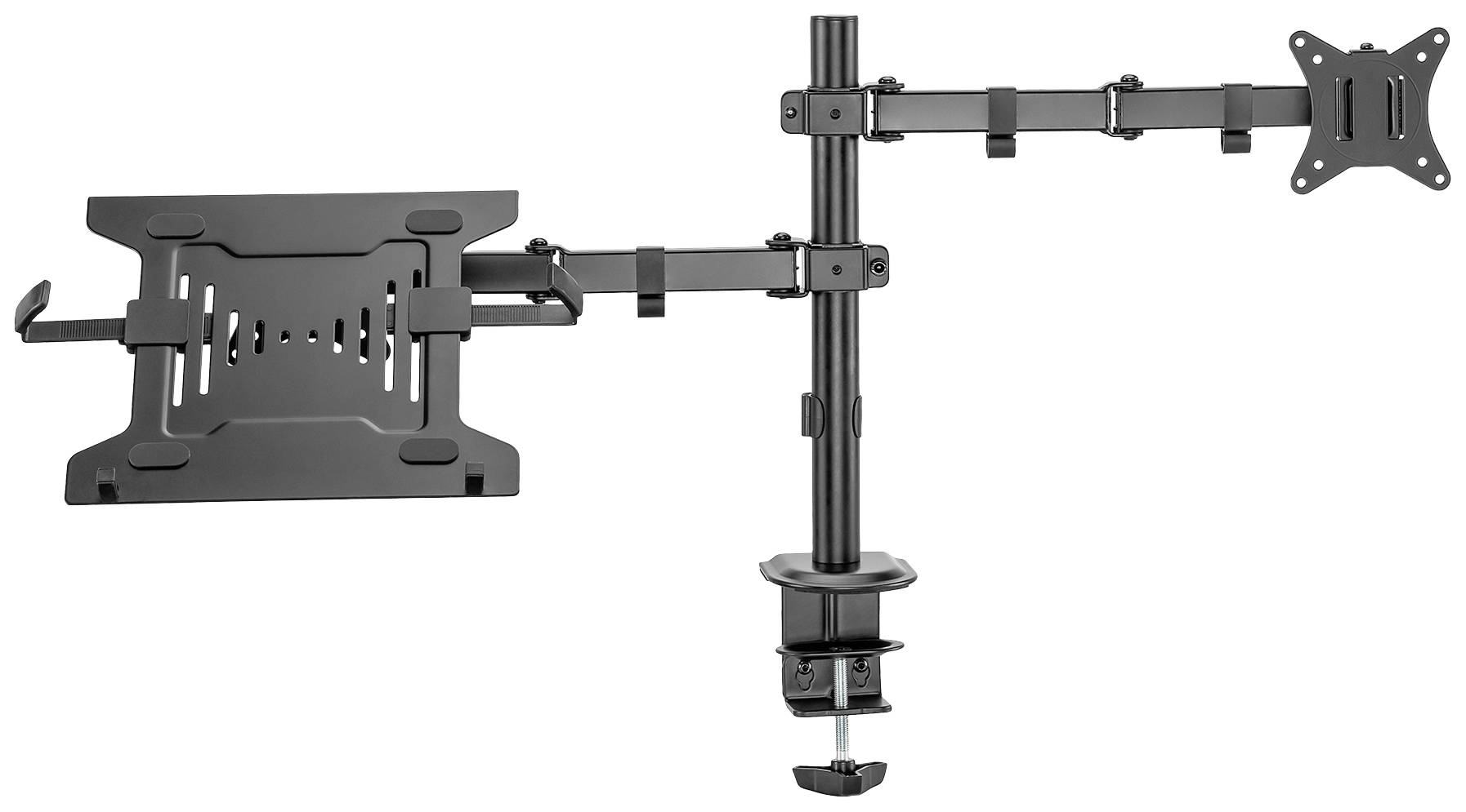 Podwójne, czarne ramię do mocowania monitora i laptopa z zaciskiem do biurka, z możliwością regulacji pod różnymi kątami.