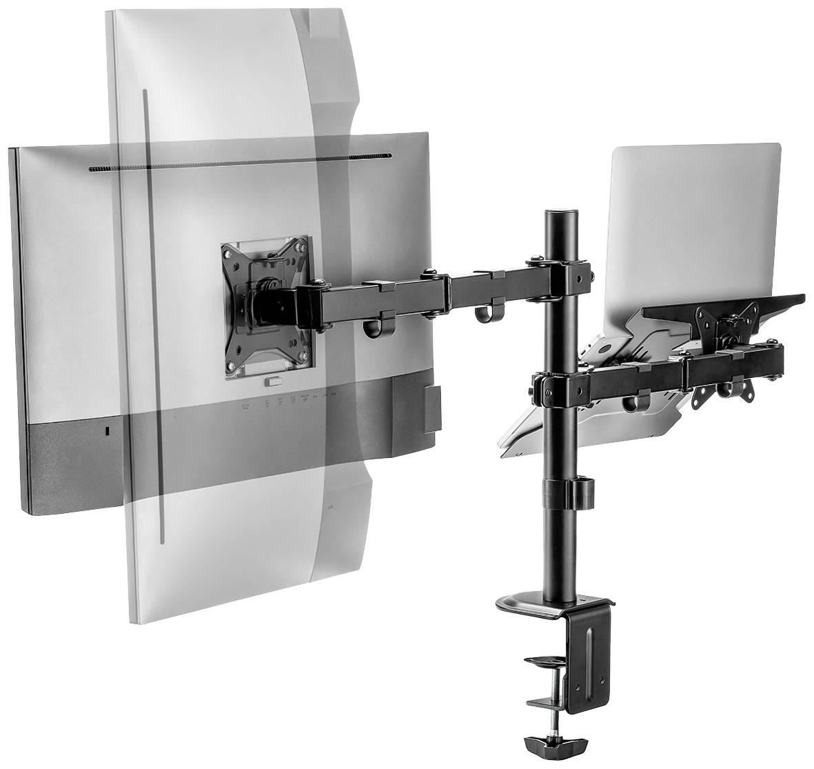 Podwójny uchwyt na monitor i laptopa, zamocowany do blatu, umożliwia elastyczne ustawienie ekranu i komputera przenośnego.