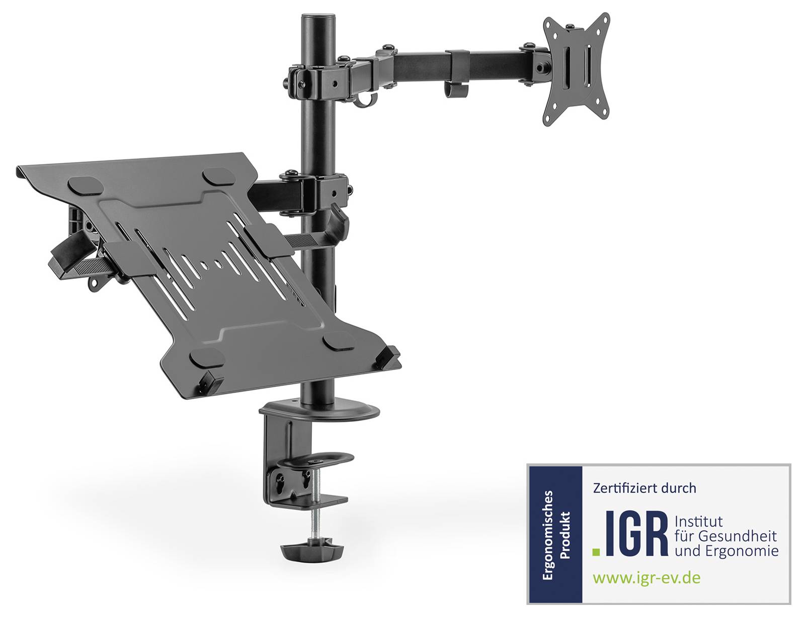 Uchwyt do monitora i laptopa, regulowany wysokościowo z ramieniem obrotowym. Certyfikowany przez Instytut Zdrowia i Ergonomii.