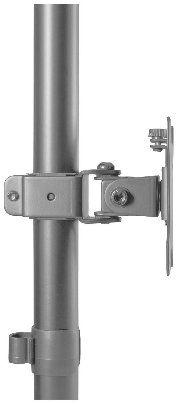Metalowy uchwyt zamocowany na pionowym słupku, wyposażony w regulowany przegub. Odpowiedni do mocowania urządzeń lub akcesoriów.