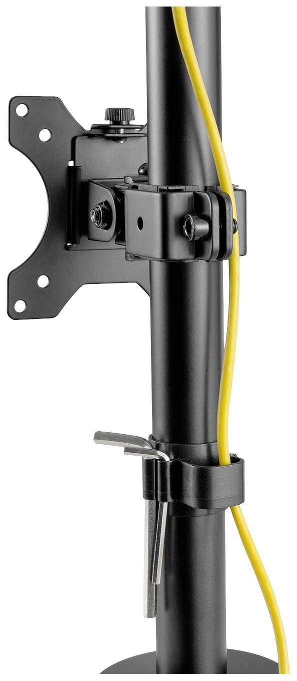 Uchwyt do monitora z zarządzaniem kablami: Regulowane, czarne ramię metalowe zamocowane na statywie z żółtym przewodem.
