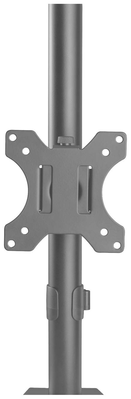 Metalowy uchwyt do monitora z płytą mocującą, odpowiedni dla monitorów. Widoczne otwory montażowe do przykręcenia.