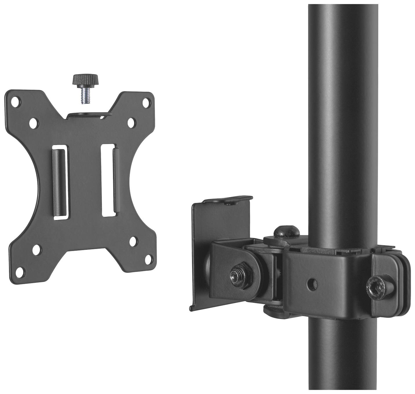 Zestaw montażowy do uchwytów na monitory z mocowaniem VESA 4-otworowym, śrubami oraz pionowym prętem mocującym.