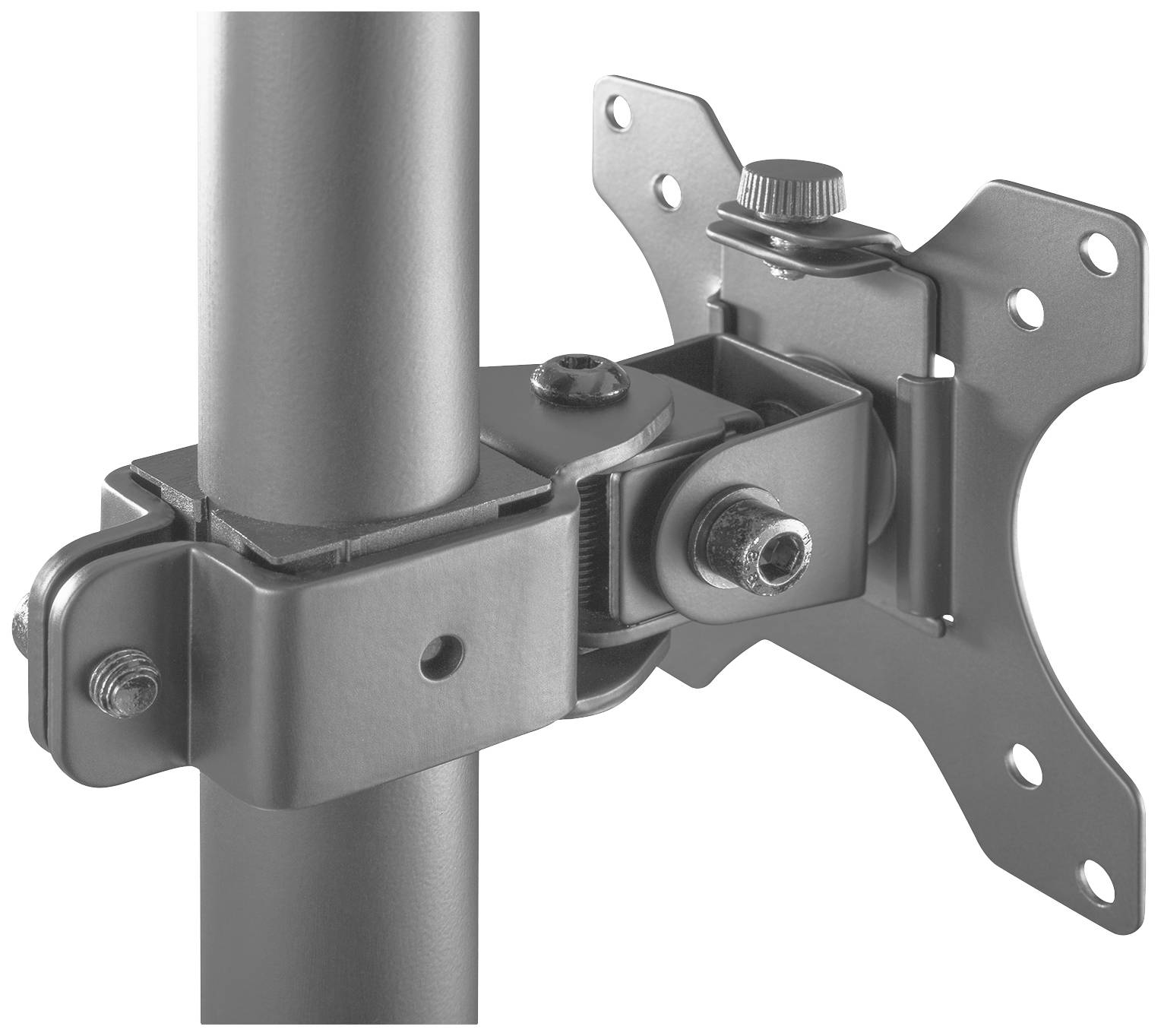 Metalowa klema zamocowana na rurze, z uchwytem do montażu telewizora lub monitora na ścianie, widok z boku.