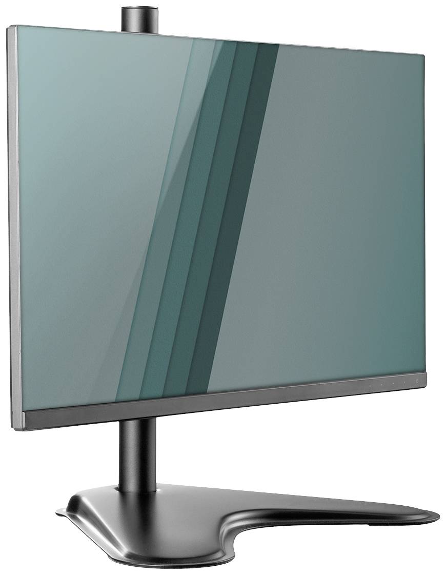 Płaski monitor komputerowy o wąskiej ramce, zamontowany na smukłej, zakrzywionej podstawce. Ekran jest wyłączony.