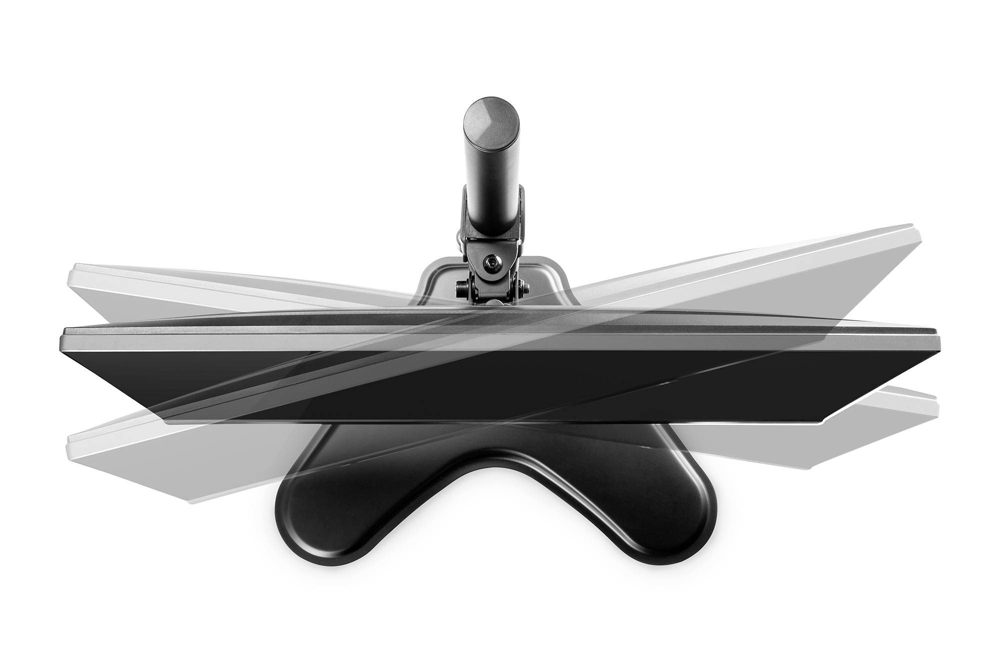 Monitor na regulowanej podstawie prezentuje obrotowe funkcje z lewej do prawej strony.