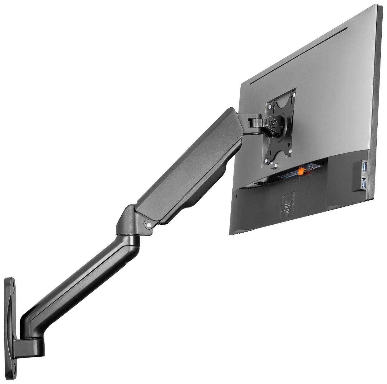 Czarny uchwyt monitora trzyma płaski ekran. Ramię jest zamocowane do uchwytu ściennego i umożliwia elastyczne ustawienie.