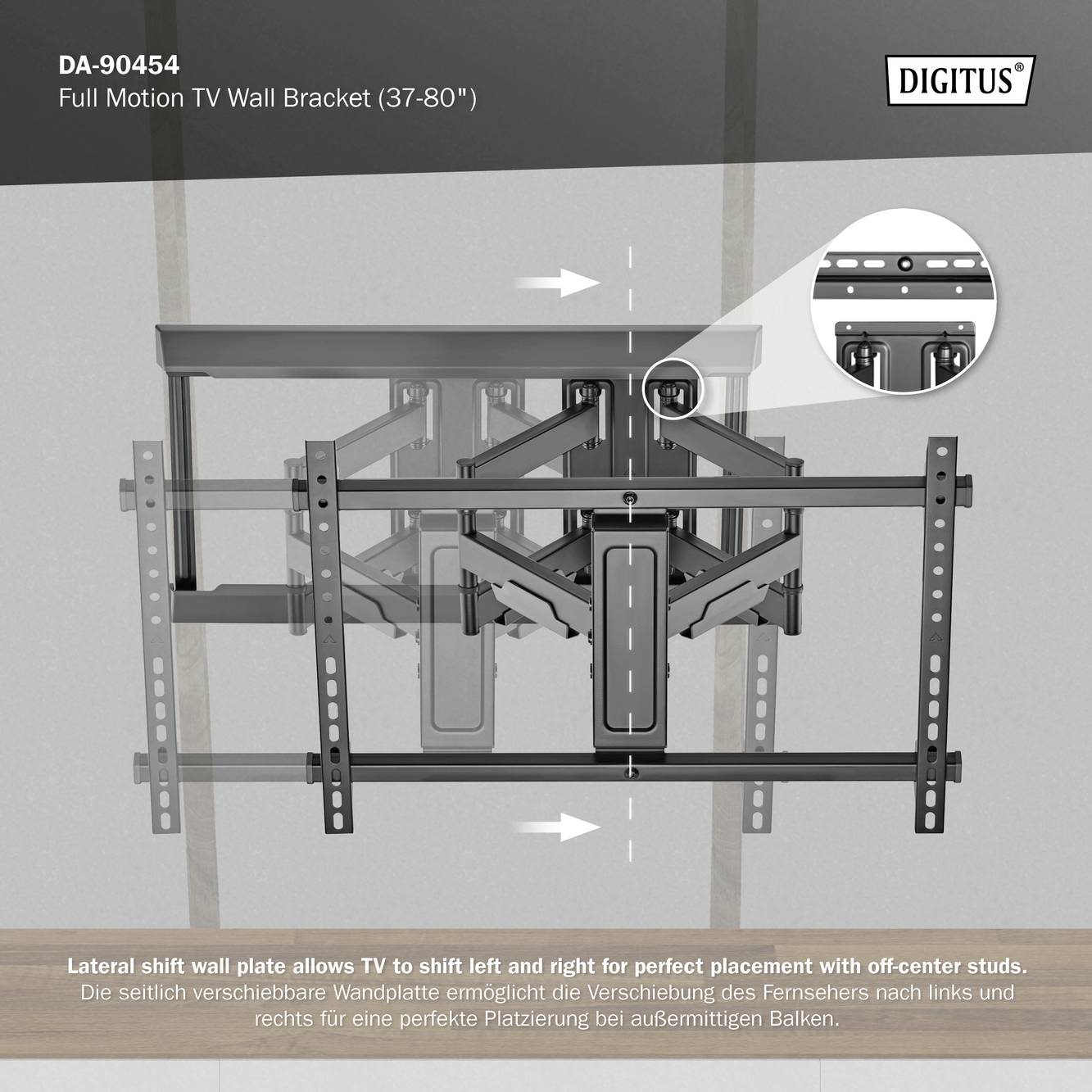 Uchwyt ścienny do telewizora Digitus DA-90454 dla ekranów 37-80 cali. Możliwość bocznego przesunięcia dla idealnego wyrównania przy niesymetrycznym mocowaniu.
