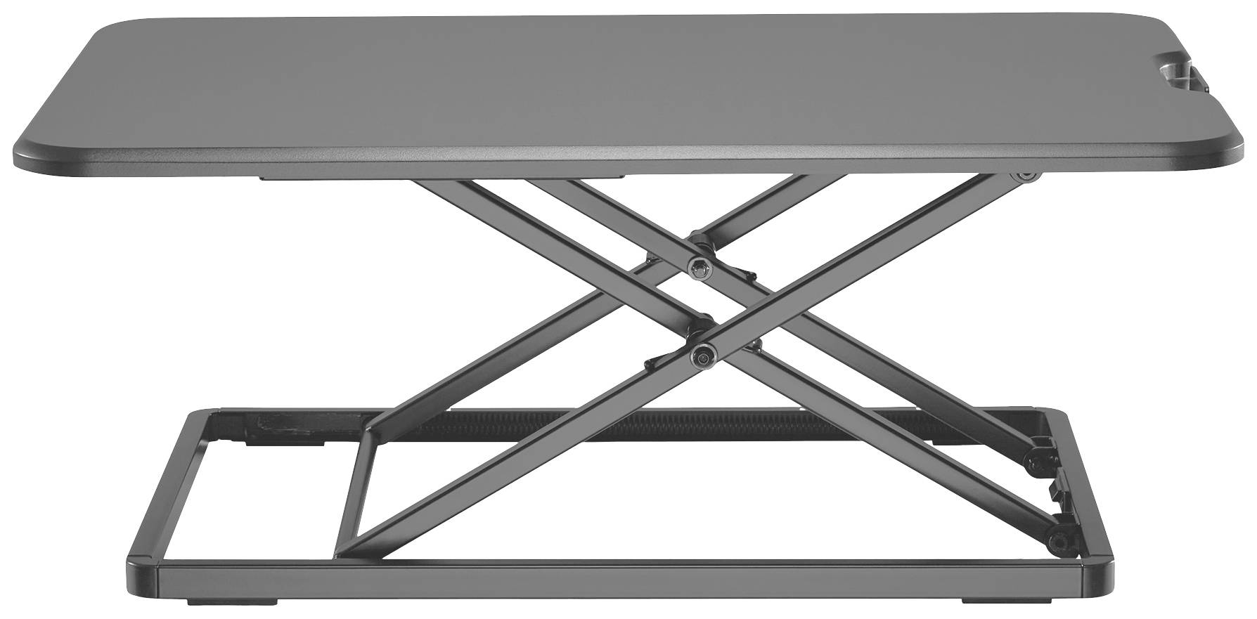 Metalowy, regulowany na wysokość konwerter na biurko stojące z podstawą w kształcie litery X, odpowiedni do ergonomicznej pracy.