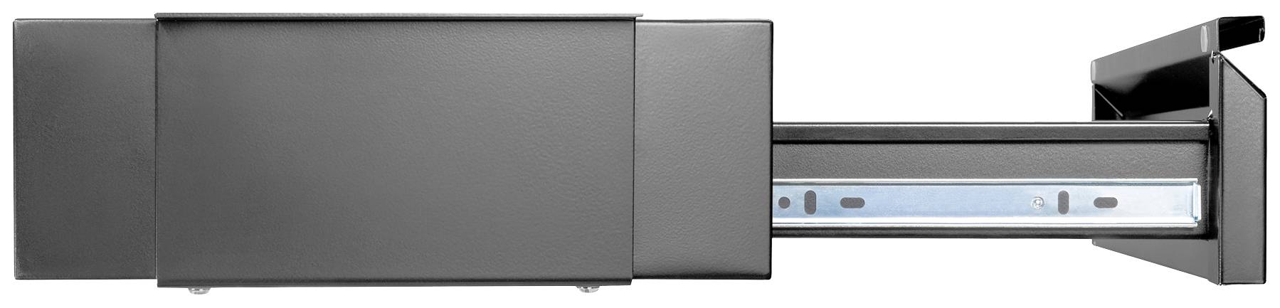 Częściowo wysunięta czarna szuflada ukazuje swoją szynę prowadzącą.