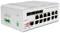 Szary 12-portowy przemysłowy switch Gigabit Ethernet z wieloma złączami Ethernet i zieloną interfejsem przekaźnikowym po lewej stronie.
