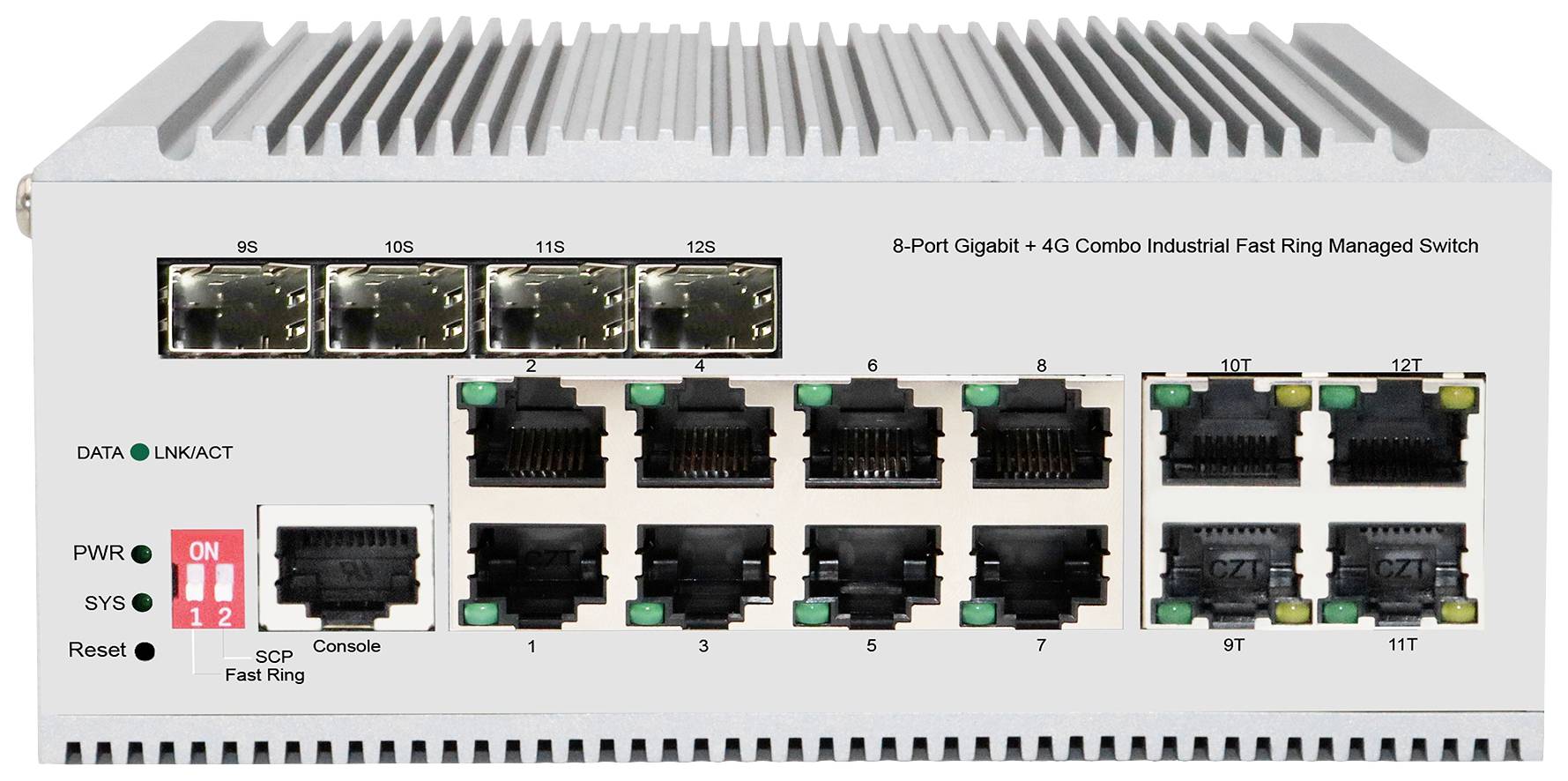 8-portowy Gigabitowy + 4G Kombo Przemysłowy Szybki Pierścieniowy Zarządzany Switch z 8 portami Ethernet i 4 interfejsami światłowodowymi, diody sygnalizujące stan pracy.