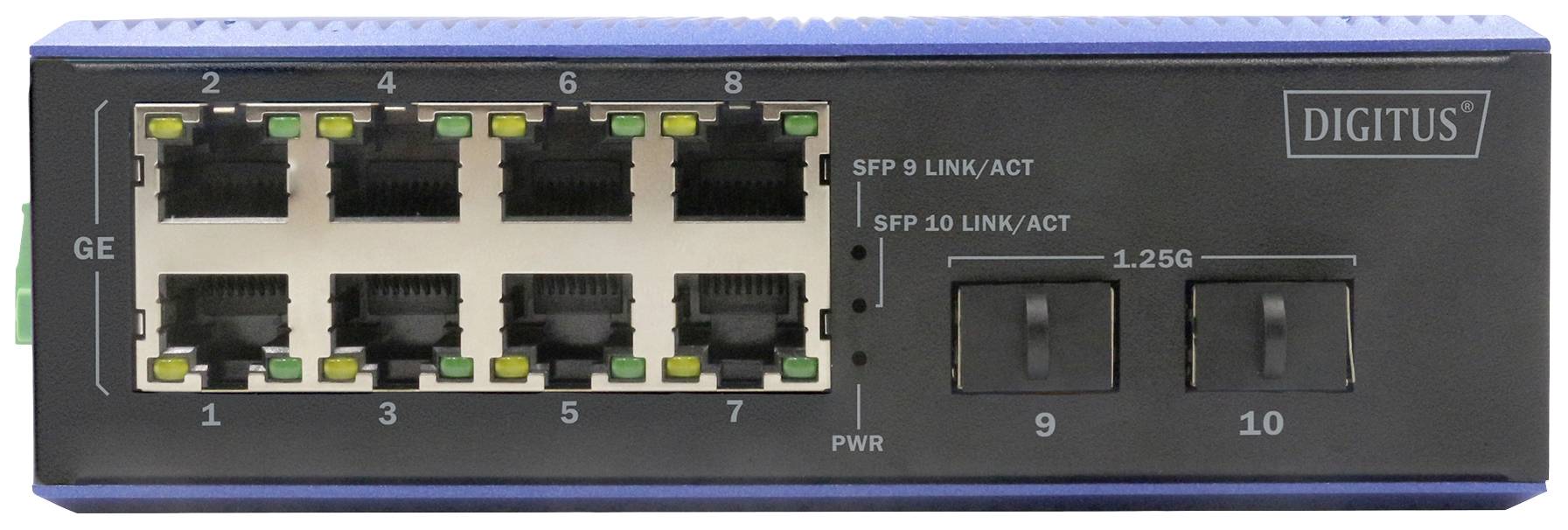 Przełącznik sieciowy z ośmioma portami Ethernet i dwoma gniazdami SFP, przeznaczony do okablowania w sieciach informatycznych.