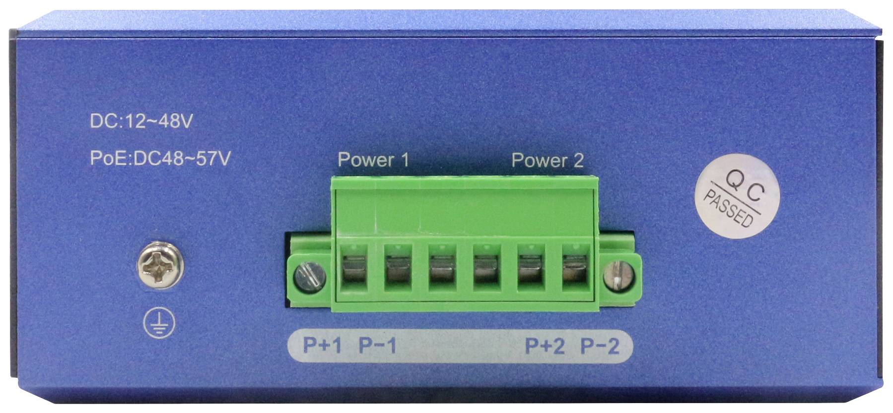 Niebieskie urządzenie z napisem 'DC:12-48V PoE:DC48-57V'. Posiada zielony blok przyłączeniowy z oznaczeniami 'Power 1' i 'Power 2'.
