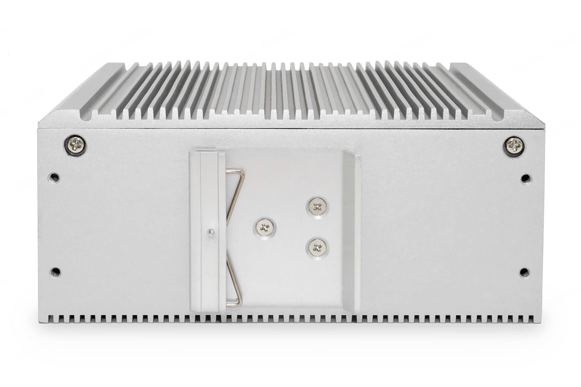 Srebrny radiator aluminiowy z otworami wentylacyjnymi na górnej powierzchni, zamontowany na płaskiej, prostokątnej podstawie.