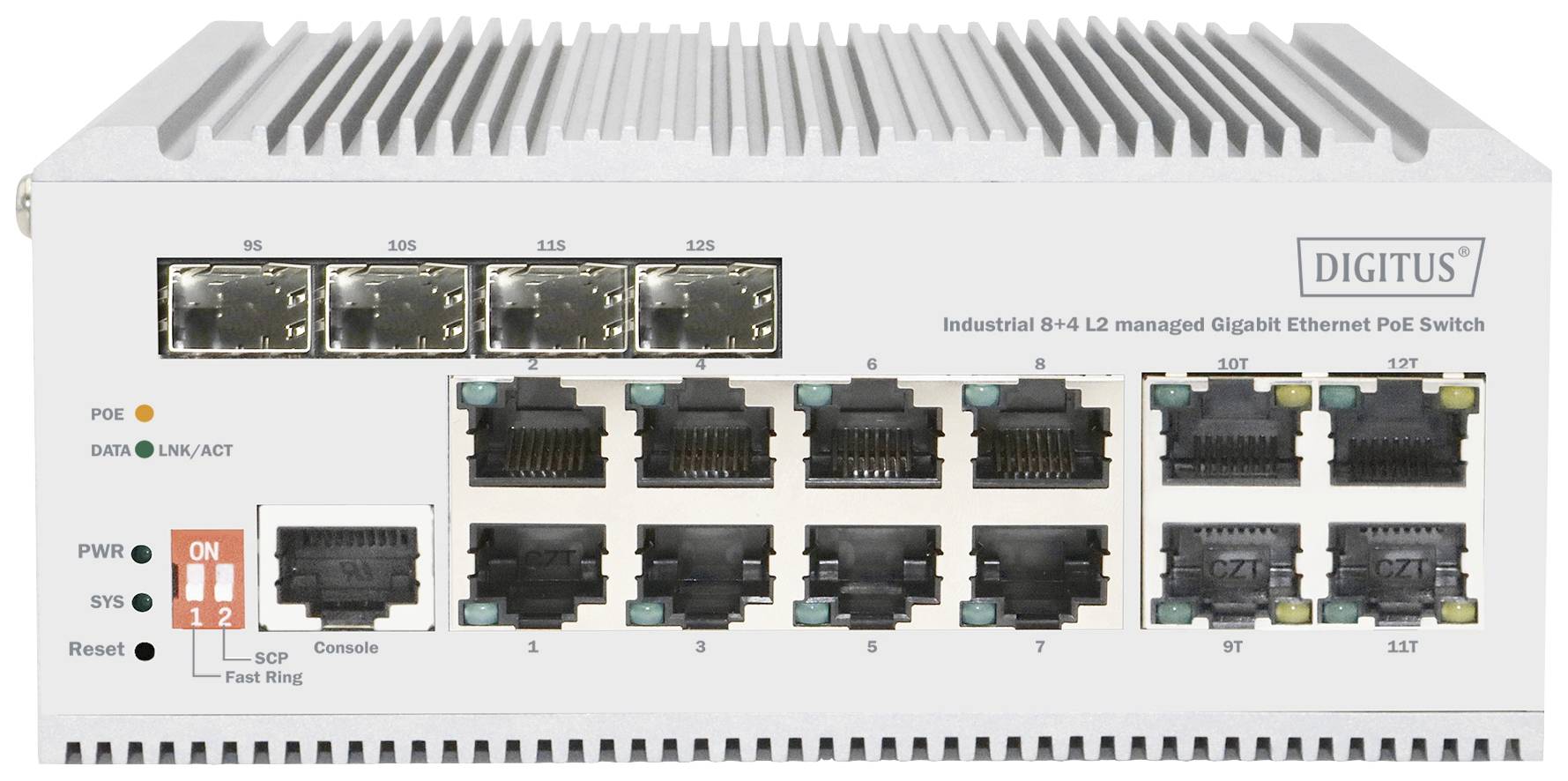 Przemysłowy 8+4 L2 zarządzany switch Gigabit Ethernet PoE z wieloma portami Ethernet i wskaźnikami LED do konfiguracji sieci.