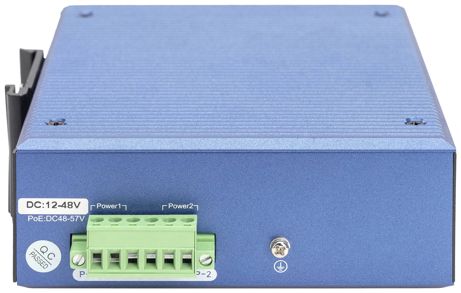 Niebieskie, prostokątne urządzenie techniczne z portami i zielonymi wtykami wyjściowymi. Oznaczone napisami 'DC:12-48V' oraz 'PoE:DC 48-57V'.