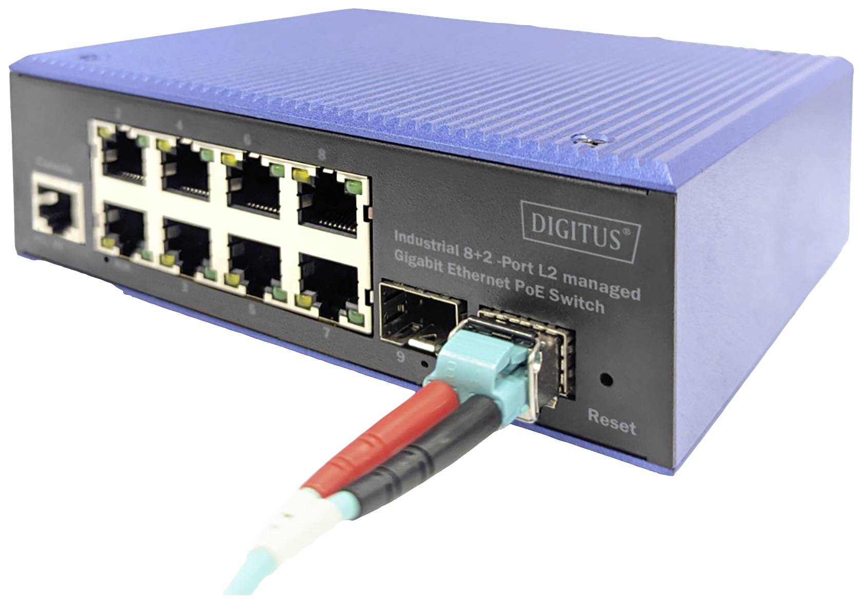 Niebieski 8+2-portowy zarządzany switch Gigabit Ethernet PoE z wieloma złączami Ethernet i wejściem kabla zasilającego.
