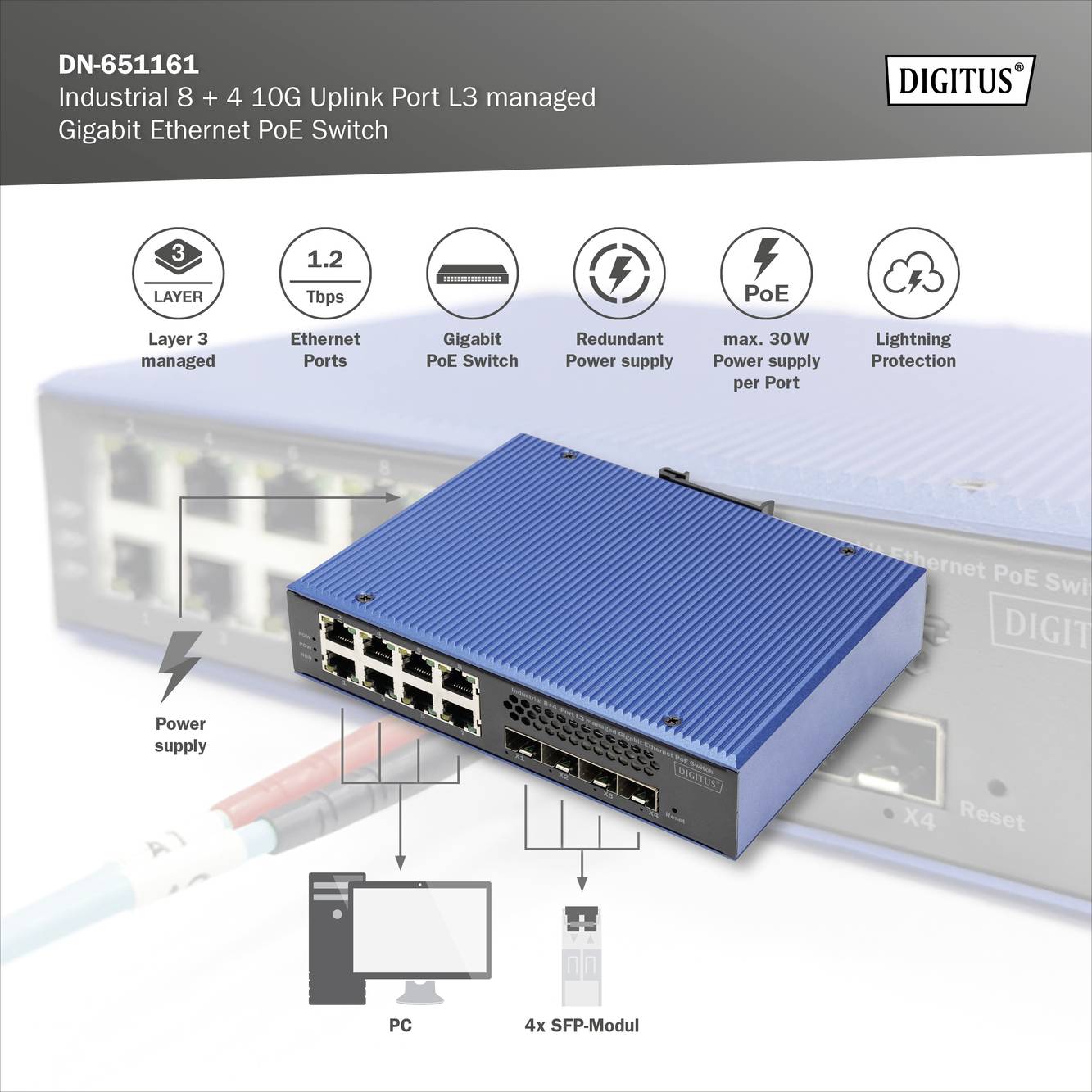 Przełącznik Gigabit Ethernet PoE DN-651161: 8 + 4 porty 10G Uplink, zarządzanie warstwy 3, PoE, redundantne źródło zasilania, ochrona przeciwprzepięciowa.
