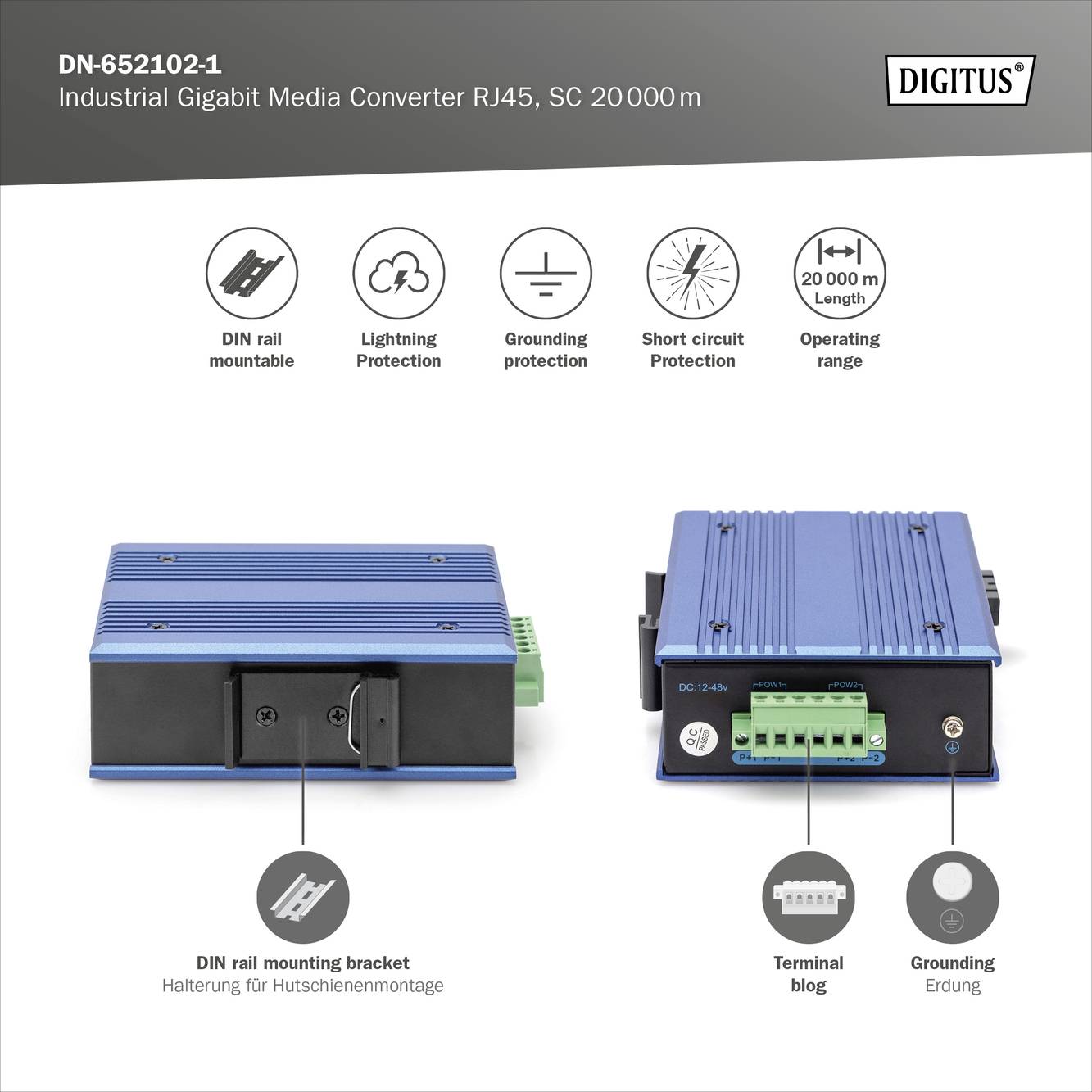 Przemysłowy gigabitowy konwerter mediów firmy Digitus z mocowaniem na szynę DIN, ochroną przeciwprzepięciową, uziemieniem, zabezpieczeniem przed zwarciem i zasięgiem do 20 km.