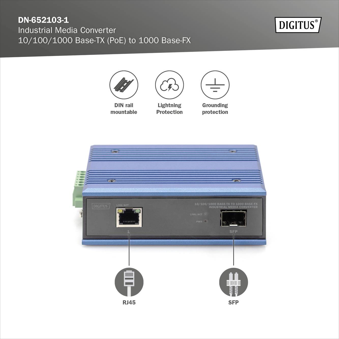Digitus DN-652103-1 to przemysłowy konwerter mediów z 10/100/1000 Base-TX (PoE) na 1000 Base-FX, przeznaczony do montażu na szynie DIN.