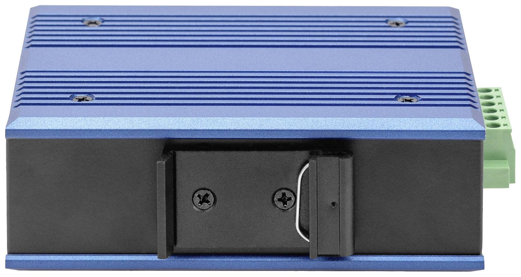 Niebieskie, prostokątne urządzenie elektroniczne z czarną przednią obudową i zieloną listwą przyłączeniową z tyłu.
