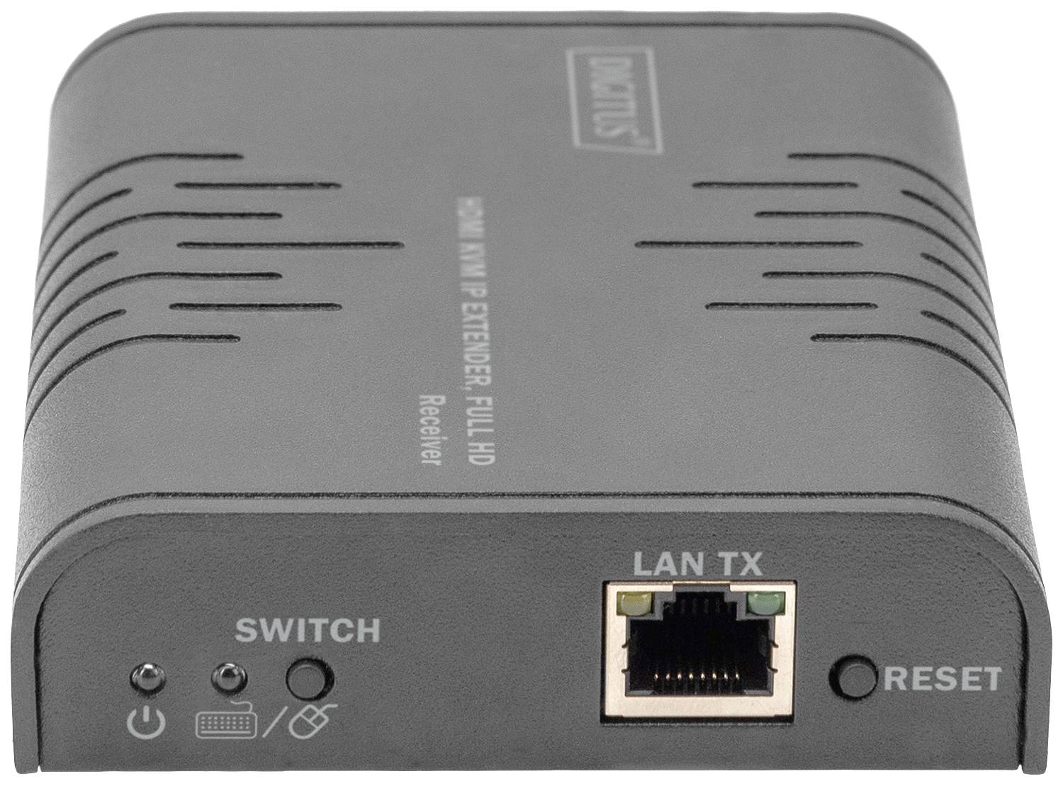 Przedłużacz IP Digitus VGA/HDMI, czarne urządzenie, o prostokątnym kształcie, z widocznym złączem LAN TX, przełącznikiem i przyciskiem resetowania na przedniej stronie.