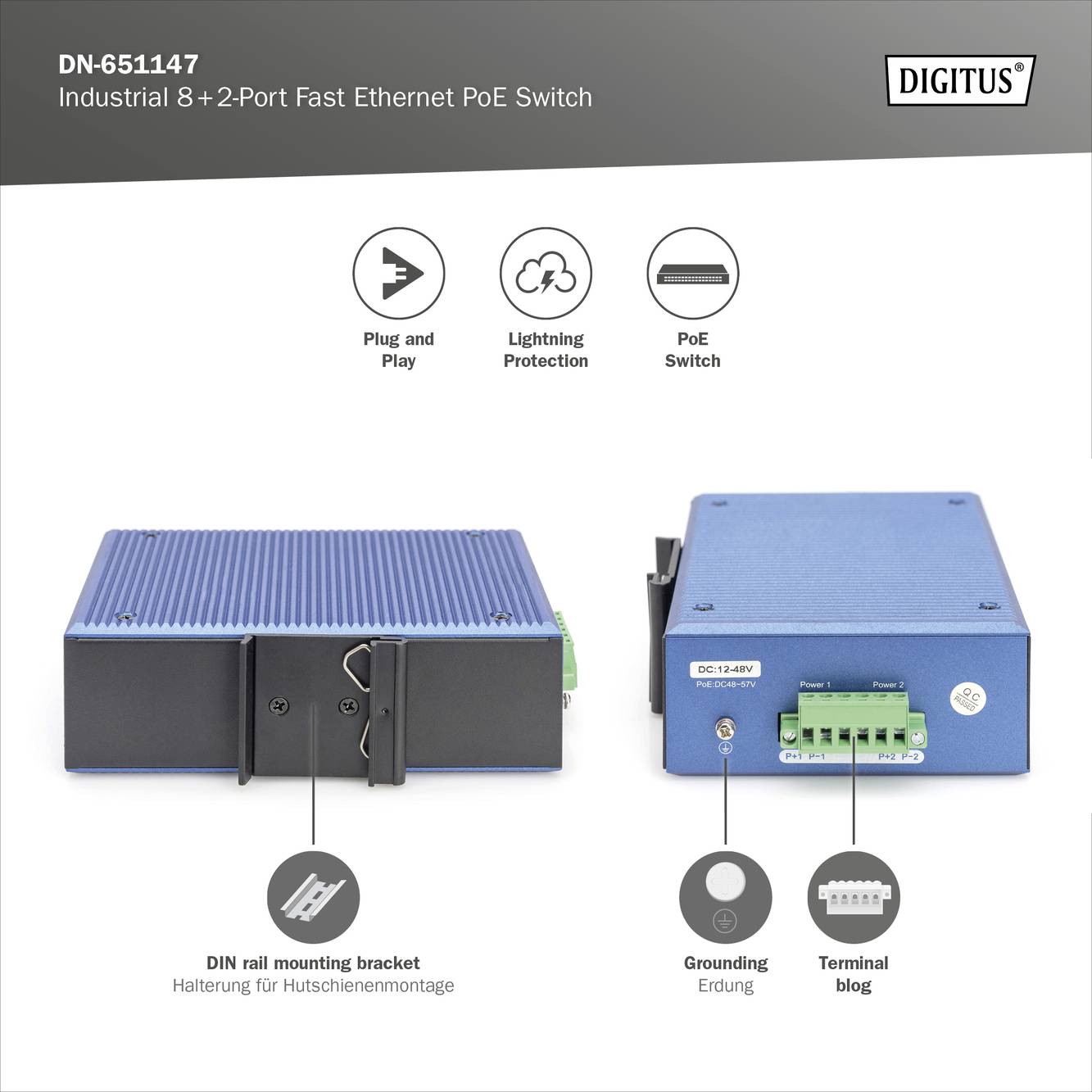 Niebieski przełącznik PoE Ethernet z ośmioma portami, dwoma zdejmowanymi złączami modułowymi i uziemieniem. Oznaczenia funkcji poszczególnych złączy.