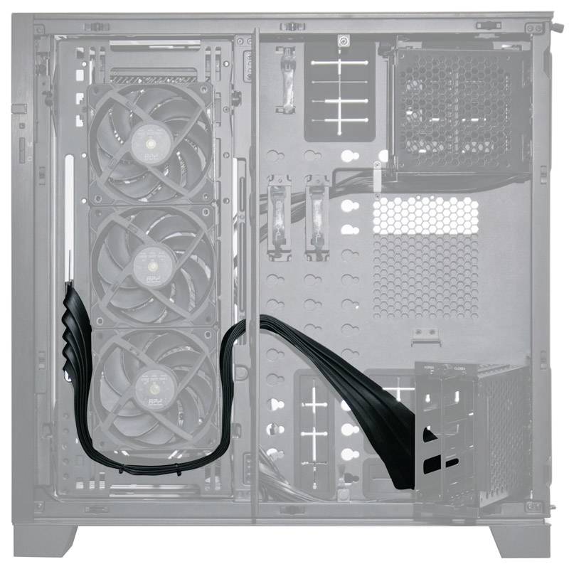 Obraz przedstawia wnętrze obudowy komputera z zamontowanymi wentylatorami i kablami po lewej stronie.