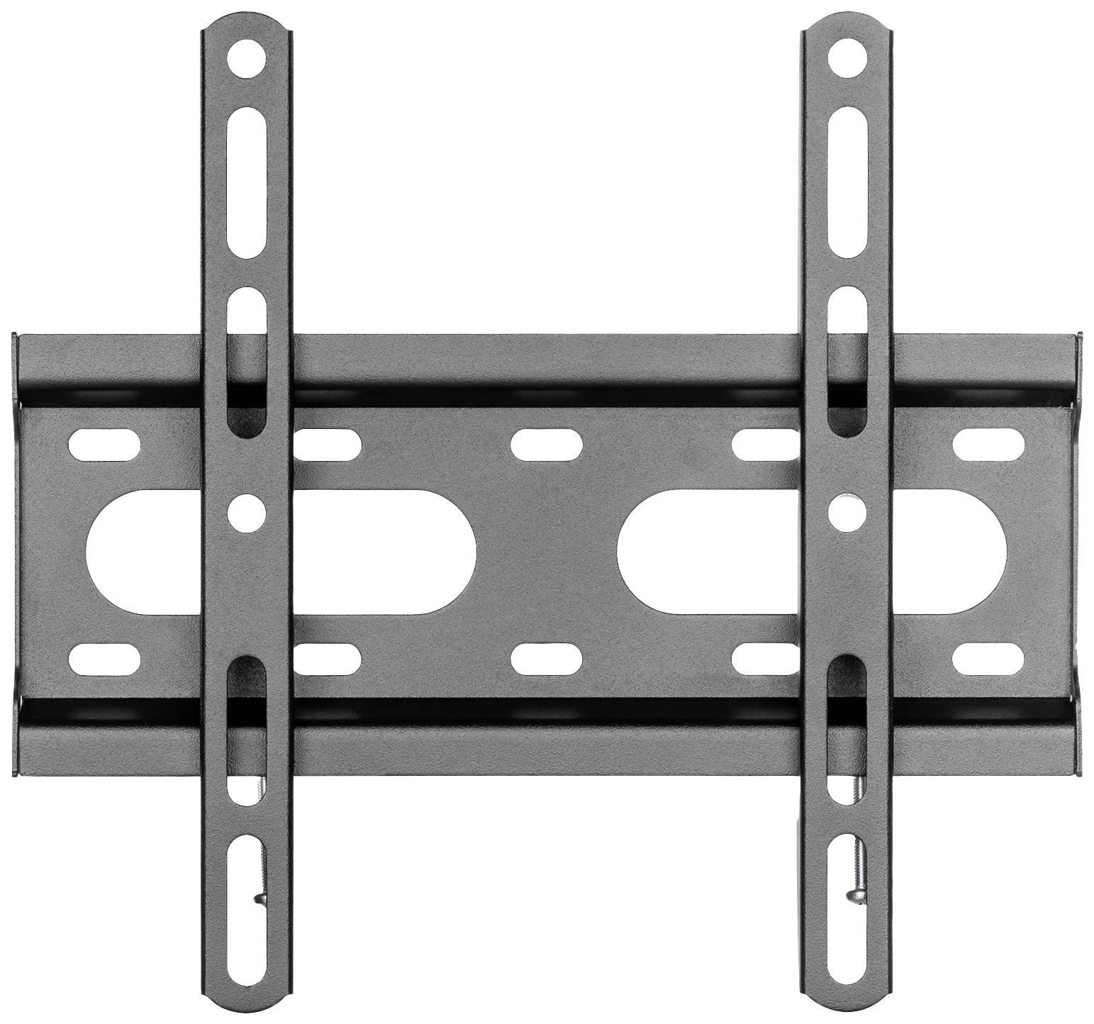 Metalowy uchwyt ścienny do telewizorów płaskich, wyposażony w wielootworowy system mocowania.