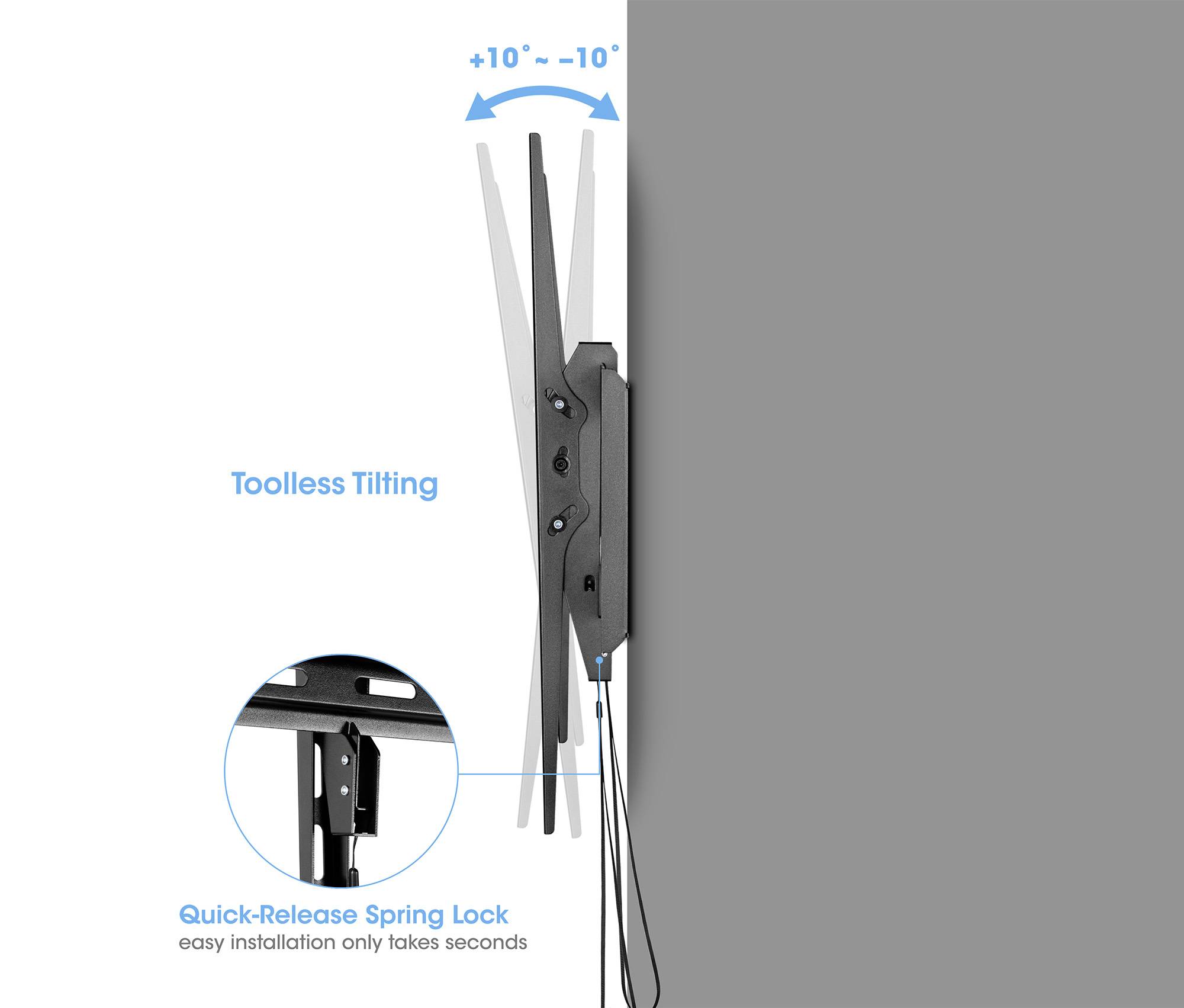 Widok z boku uchwytu do telewizora mocowanego na ścianie, z możliwością pochylenia od +10° do -10° oraz szybkozamykającą blokadą sprężynową.