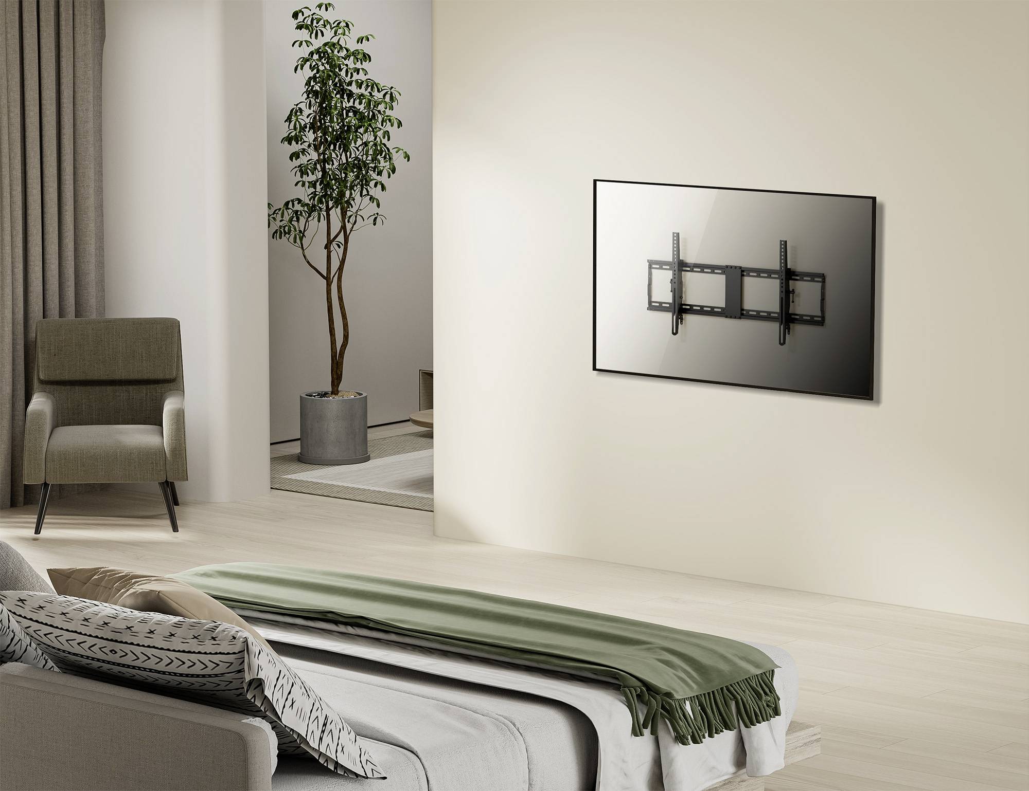 Nowoczesna, minimalistycznie urządzona sypialnia z łóżkiem, fotelem, telewizorem zamontowanym na ścianie i rośliną.