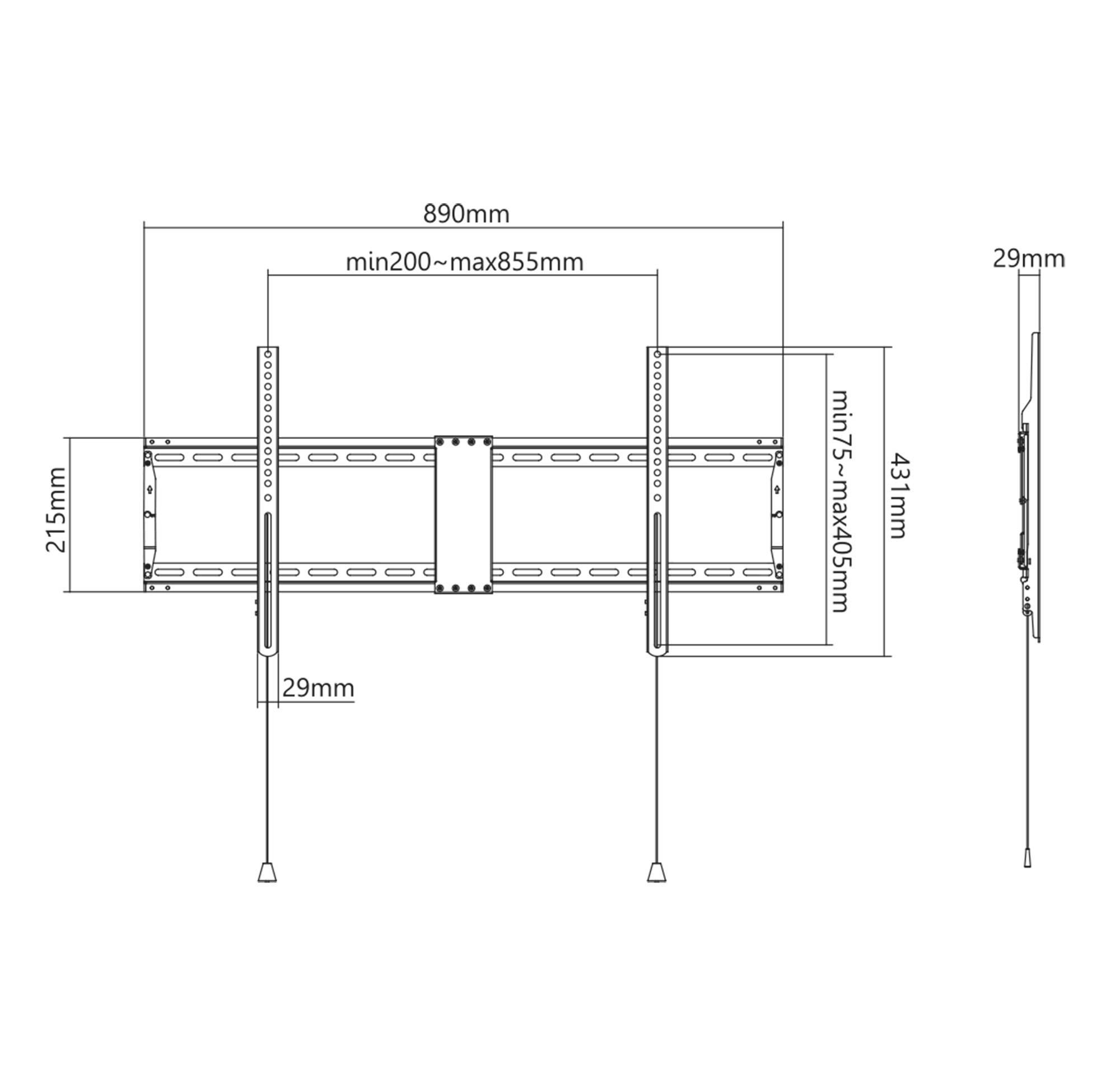 Rysunek techniczny wspornika ściennego z wymiarami: szerokość 890 mm, wysokość 215 mm, głębokość 29 mm, z podanymi regulowanymi długościami.