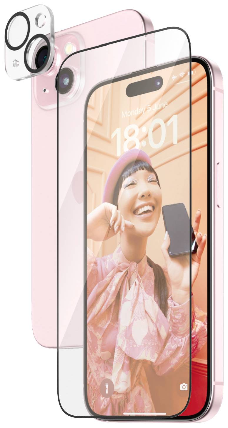 Różowy smartfon z dwoma obiektywami aparatu i szkłem ochronnym. Na ekranie widać uśmiechniętą osobę rozmawiającą przez telefon.