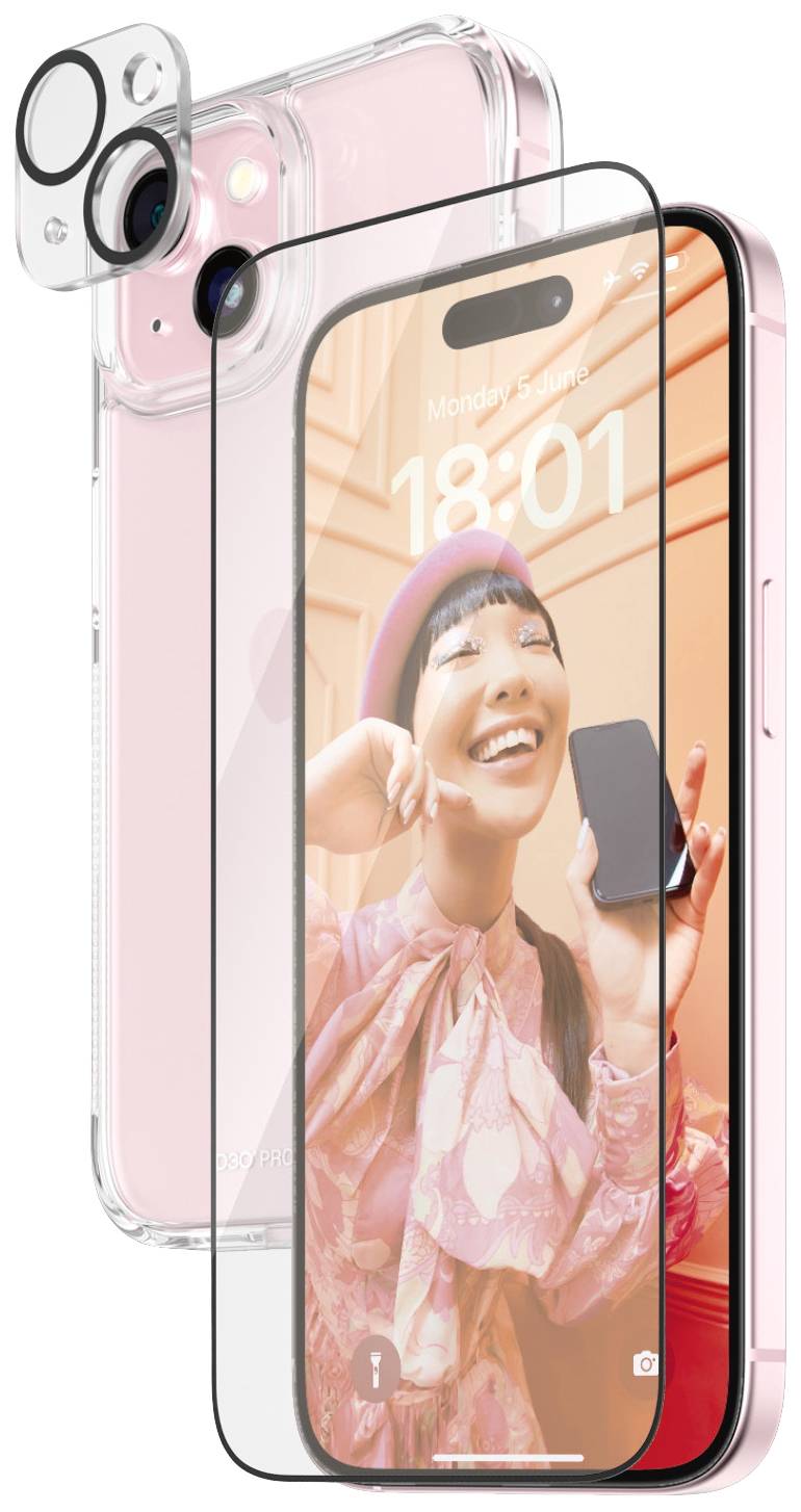 Różowy smartfon z etui, szkłem ochronnym i zabezpieczeniem aparatu. Na ekranie widać uśmiechniętą osobę trzymającą czarny smartfon.