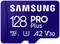 Niebieska karta pamięci Samsung 128 GB PRO Plus MicroSD z klasyfikacją U3, A2, V30, odpowiednia do szybkiego transferu danych i nagrywania.