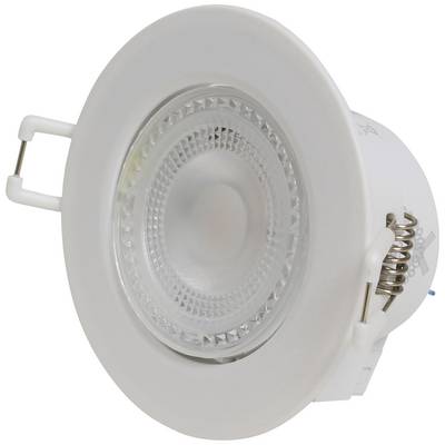 Okrągły podtynkowy reflektor sufitowy LED w kolorze białym z metalowymi zaciskami mocującymi, odpowiedni do nowoczesnego i energooszczędnego oświetlenia.