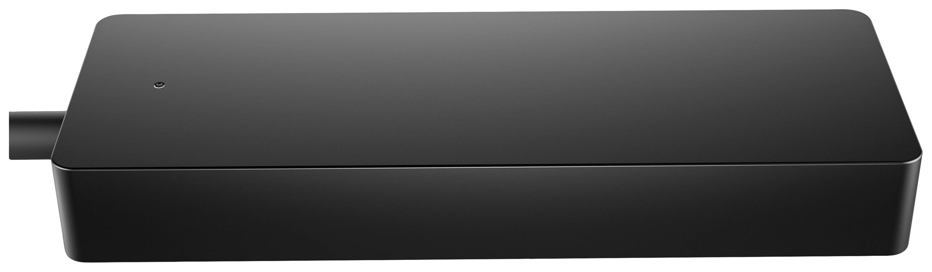 Czarny, prostokątny elektroniczny przyrząd o gładkiej powierzchni z małym otworem przy lewej krawędzi.