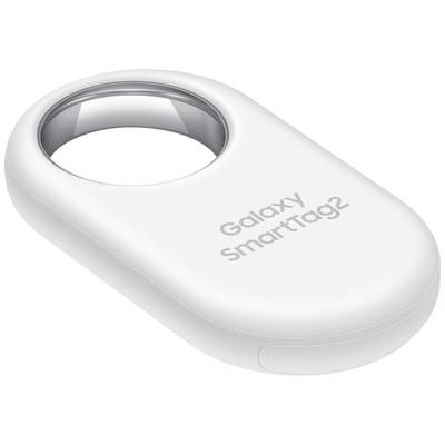 Biały Galaxy SmartTag2, mały, owalny przyrząd z otworem, służy do śledzenia przedmiotów.
