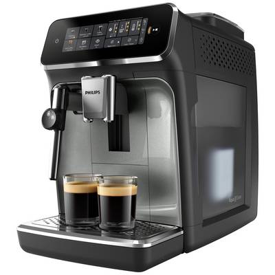 Ekspres do kawy z wyświetlaczem cyfrowym, przygotowujący dwie espresso. Czarny, nowoczesny design. Nazwa marki na przedniej stronie.